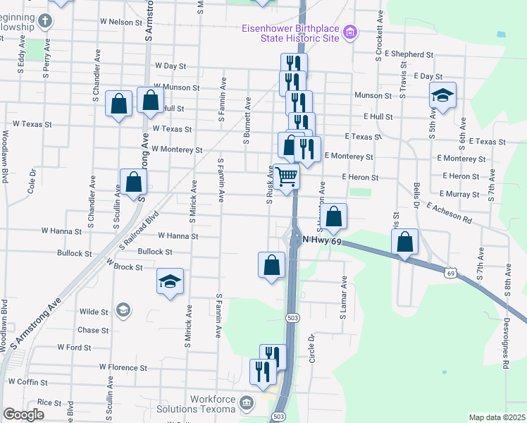 map of restaurants, bars, coffee shops, grocery stores, and more near 305 West Acheson Street in Denison