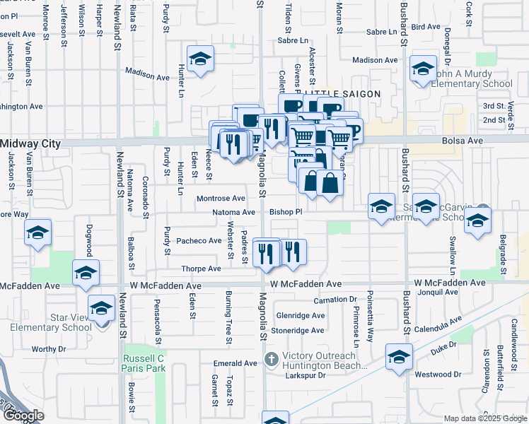 map of restaurants, bars, coffee shops, grocery stores, and more near Magnolia St & Bishop Pl in Westminster