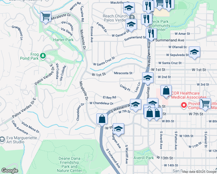 map of restaurants, bars, coffee shops, grocery stores, and more near 350 Miraleste Drive in Los Angeles