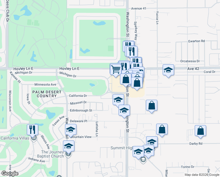 map of restaurants, bars, coffee shops, grocery stores, and more near 77912 Michigan Drive in Palm Desert