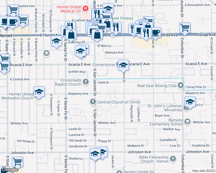 map of restaurants, bars, coffee shops, grocery stores, and more near 260 Mayfair Court in Hemet