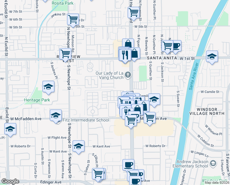 map of restaurants, bars, coffee shops, grocery stores, and more near 60 Hilo Way in Santa Ana