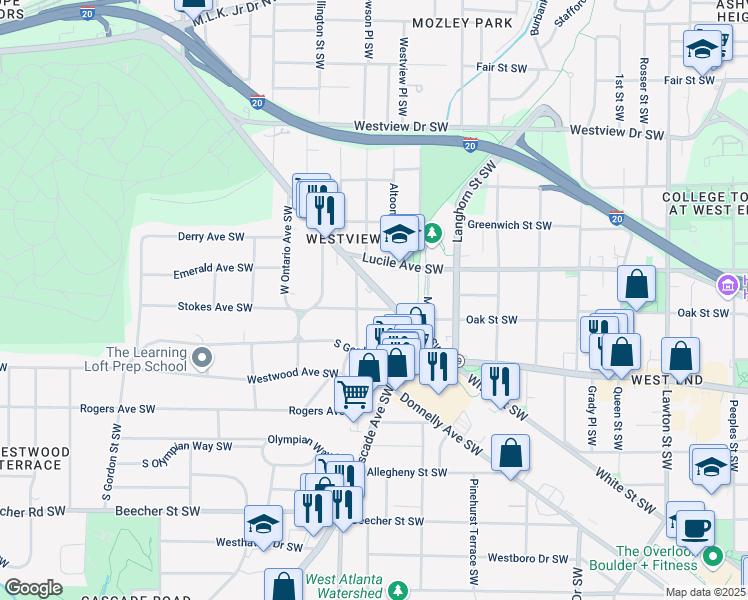 map of restaurants, bars, coffee shops, grocery stores, and more near 1485 Stokes Avenue Southwest in Atlanta