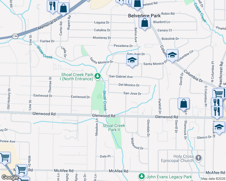 map of restaurants, bars, coffee shops, grocery stores, and more near 2974 San Jose Drive in Decatur