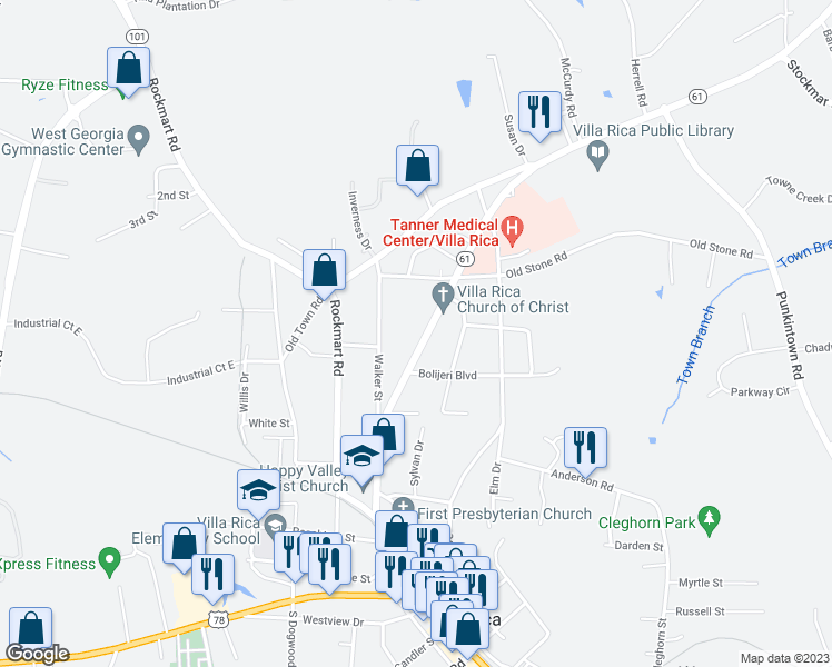 map of restaurants, bars, coffee shops, grocery stores, and more near 500 Dallas Highway in Villa Rica
