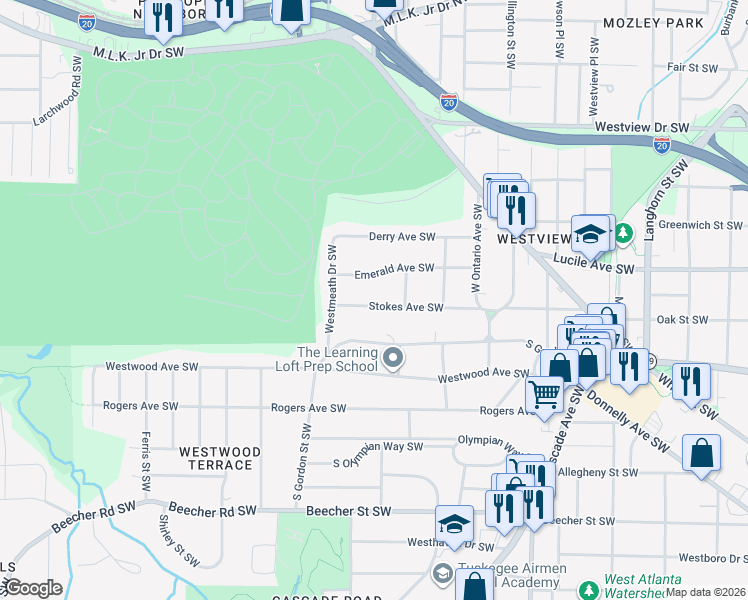 map of restaurants, bars, coffee shops, grocery stores, and more near 1719 Stokes Avenue Southwest in Atlanta