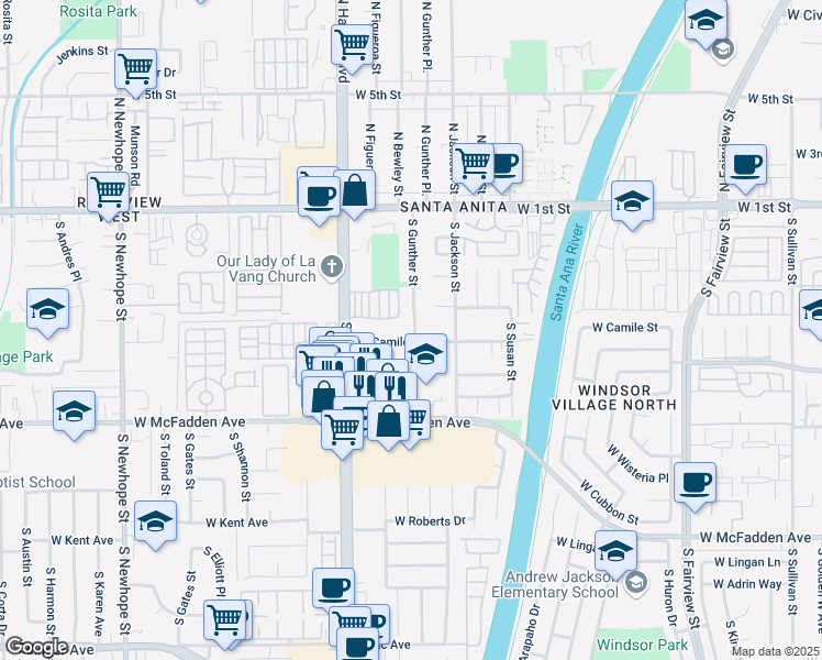 map of restaurants, bars, coffee shops, grocery stores, and more near 3609 West Camille Street in Santa Ana