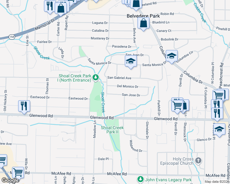 map of restaurants, bars, coffee shops, grocery stores, and more near 2974 San Jose Drive in Decatur