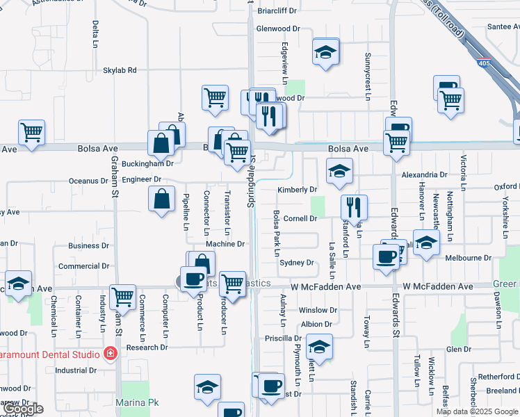 map of restaurants, bars, coffee shops, grocery stores, and more near 15245 Springdale Street in Huntington Beach