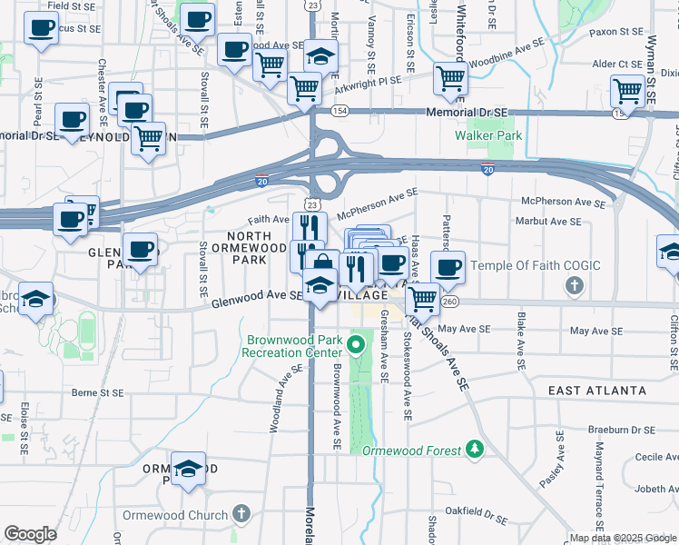 map of restaurants, bars, coffee shops, grocery stores, and more near 1205 Metropolitan Avenue Southeast in Atlanta