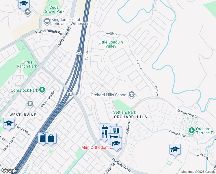 map of restaurants, bars, coffee shops, grocery stores, and more near 26 Lowland in Irvine