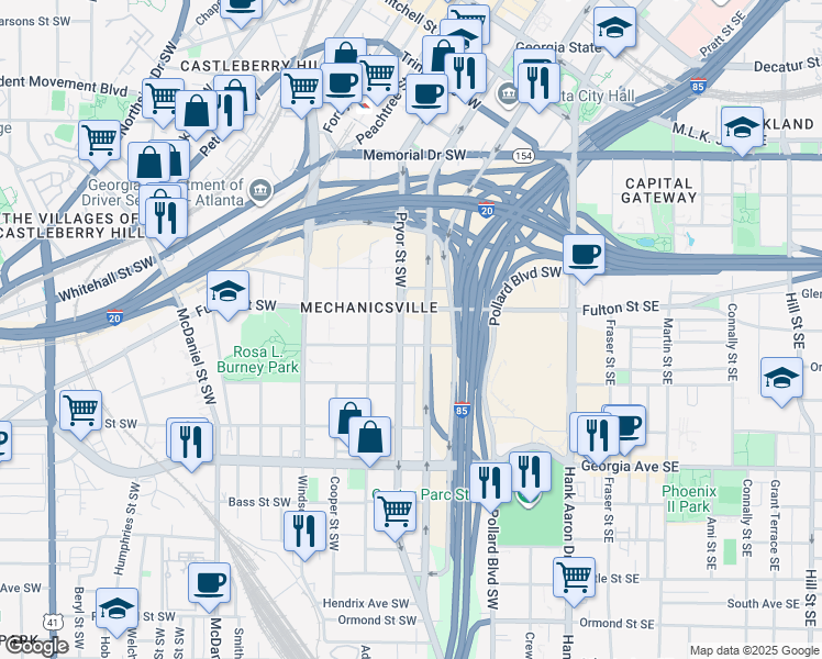 map of restaurants, bars, coffee shops, grocery stores, and more near 509 Pryor Street Southwest in Atlanta