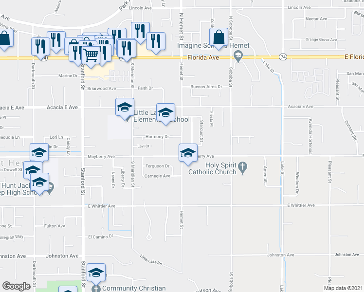 map of restaurants, bars, coffee shops, grocery stores, and more near Hemet Street in San Jacinto