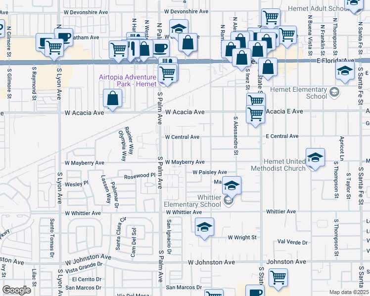 map of restaurants, bars, coffee shops, grocery stores, and more near 450 Hermosa Street in Hemet