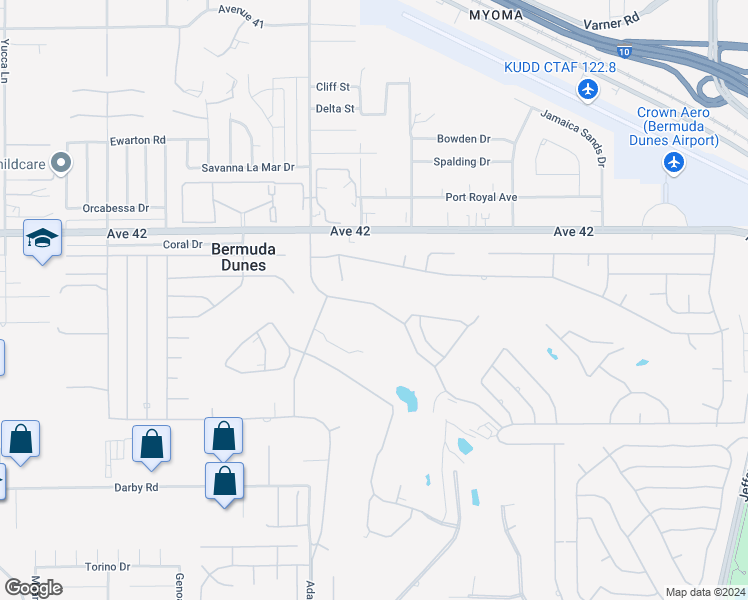 map of restaurants, bars, coffee shops, grocery stores, and more near 42410 Adams Street in Bermuda Dunes
