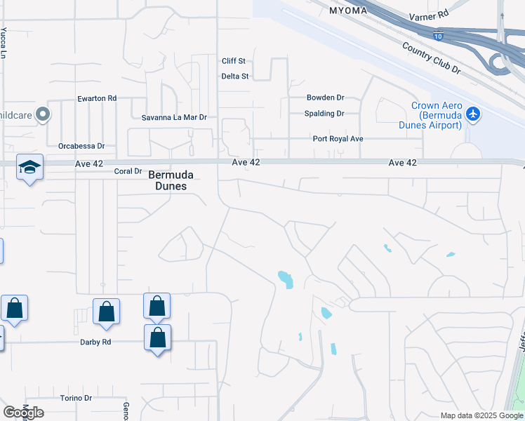 map of restaurants, bars, coffee shops, grocery stores, and more near 42410 Adams Street in Bermuda Dunes