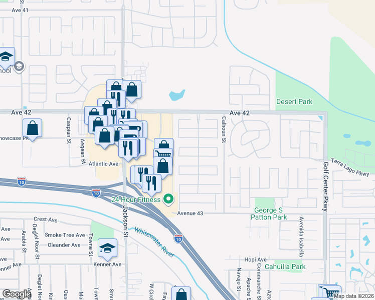 map of restaurants, bars, coffee shops, grocery stores, and more near 83328 Wagon Road in Indio
