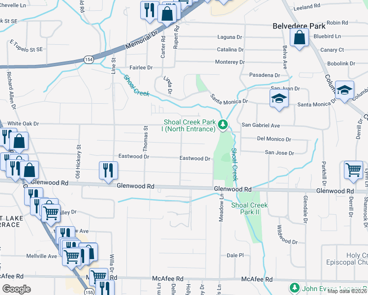 map of restaurants, bars, coffee shops, grocery stores, and more near 2822 Eastwood Drive in Decatur