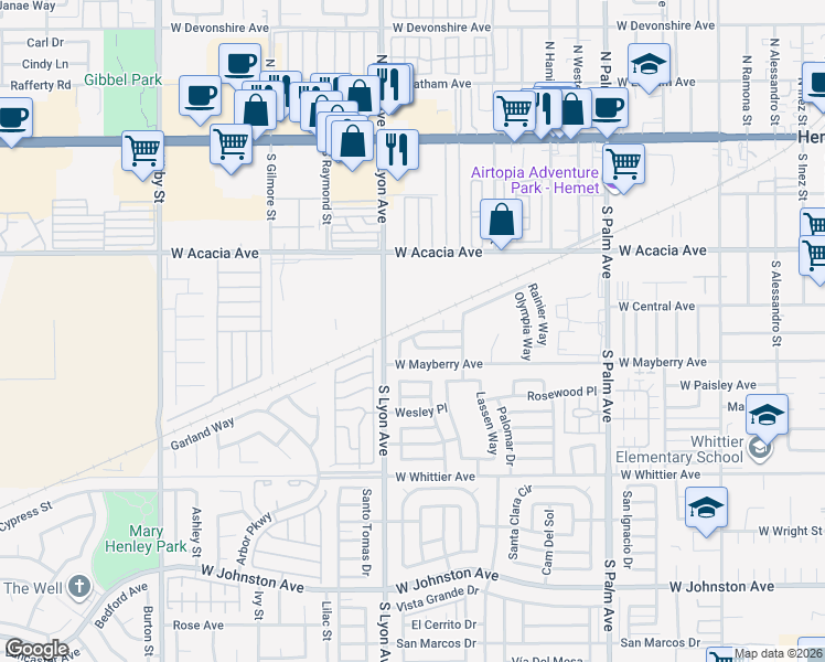 map of restaurants, bars, coffee shops, grocery stores, and more near 1560 Amberwood Drive in Hemet