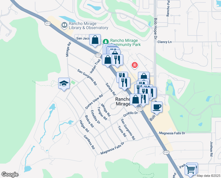 map of restaurants, bars, coffee shops, grocery stores, and more near Sahara Road in Rancho Mirage
