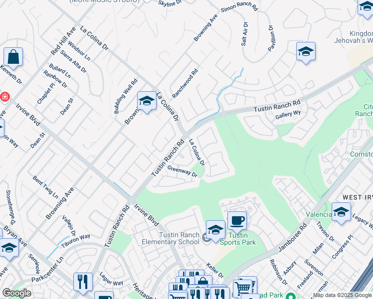 map of restaurants, bars, coffee shops, grocery stores, and more near 2341 Tryall in Tustin