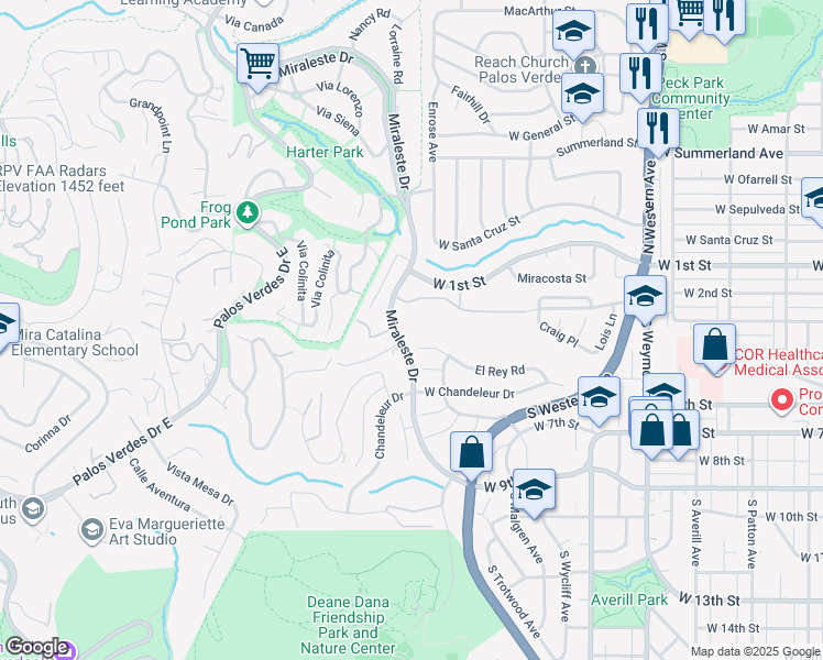 map of restaurants, bars, coffee shops, grocery stores, and more near 1930 El Rey Road in Los Angeles