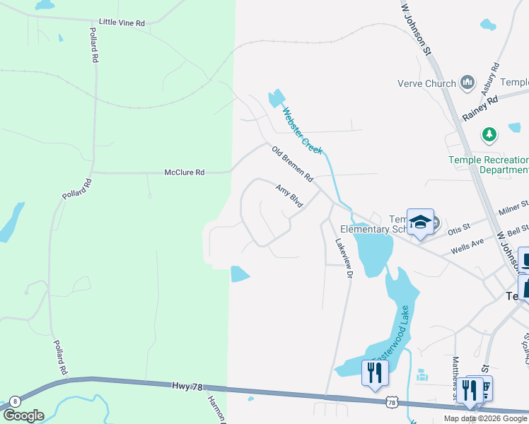 map of restaurants, bars, coffee shops, grocery stores, and more near 330 Madeline Way in Temple