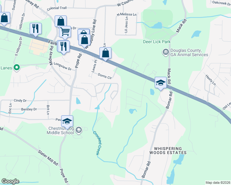 map of restaurants, bars, coffee shops, grocery stores, and more near 3362 Willow Meadow Lane in Douglasville