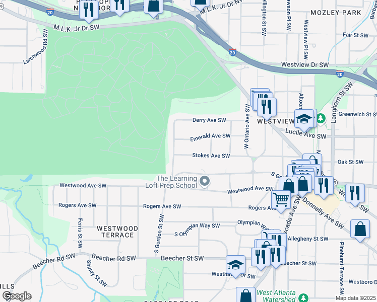 map of restaurants, bars, coffee shops, grocery stores, and more near 1735 Stokes Avenue Southwest in Atlanta