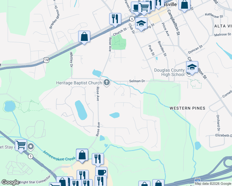 map of restaurants, bars, coffee shops, grocery stores, and more near 8835 West Hills Court in Douglasville