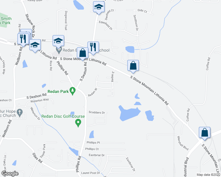 map of restaurants, bars, coffee shops, grocery stores, and more near 6395 Redan Square in Lithonia