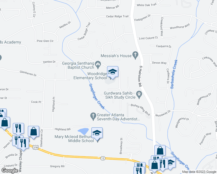 map of restaurants, bars, coffee shops, grocery stores, and more near 4650 Big Valley Court in Stone Mountain