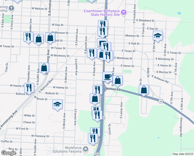 map of restaurants, bars, coffee shops, grocery stores, and more near 223 West Acheson Street in Denison