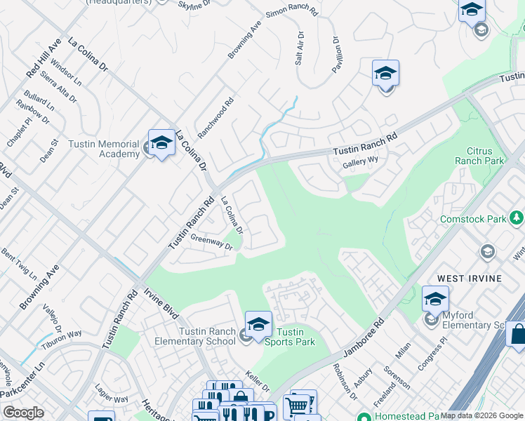 map of restaurants, bars, coffee shops, grocery stores, and more near 2345 Burnham Drive in Tustin