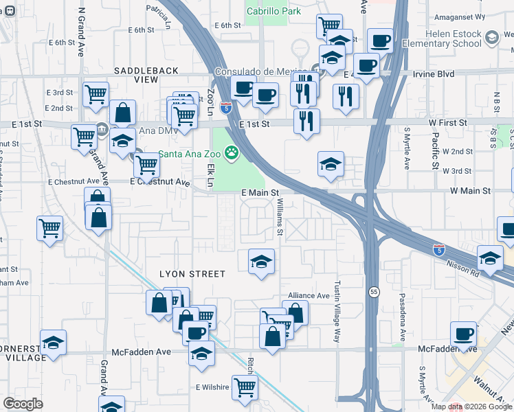 map of restaurants, bars, coffee shops, grocery stores, and more near 153 Sereno in Tustin