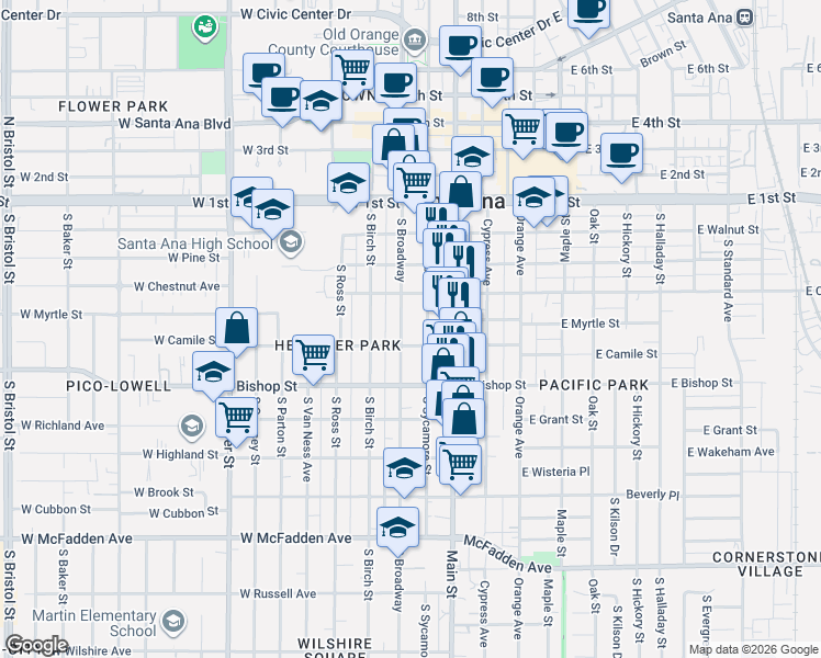 map of restaurants, bars, coffee shops, grocery stores, and more near 438 South Broadway in Santa Ana