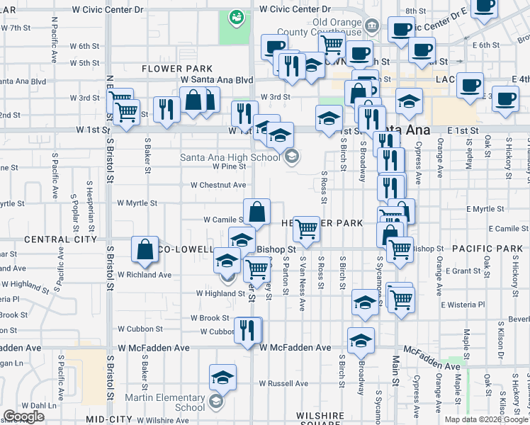 map of restaurants, bars, coffee shops, grocery stores, and more near 419 South Flower Street in Santa Ana