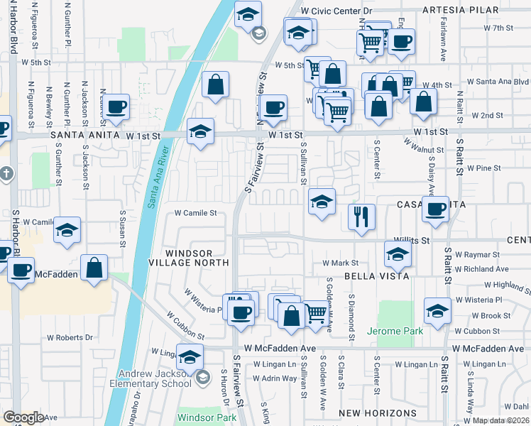 map of restaurants, bars, coffee shops, grocery stores, and more near 514 South Everglade Street in Santa Ana