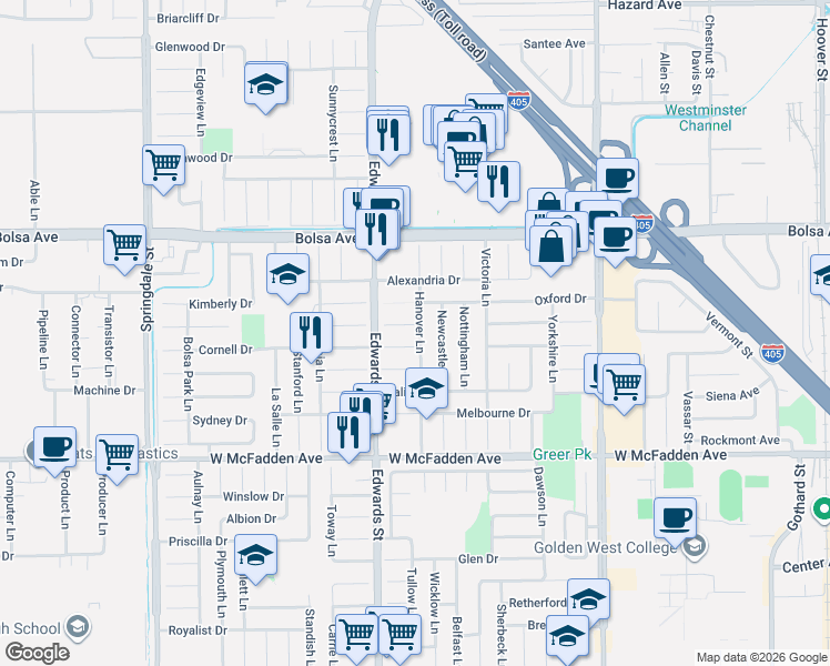 map of restaurants, bars, coffee shops, grocery stores, and more near 6571 Rome Circle in Huntington Beach
