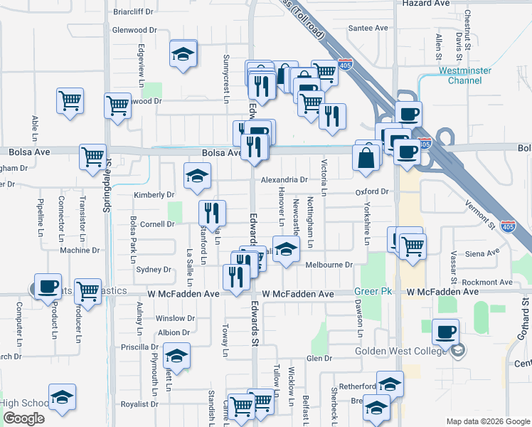 map of restaurants, bars, coffee shops, grocery stores, and more near 6501 Rome Circle in Huntington Beach