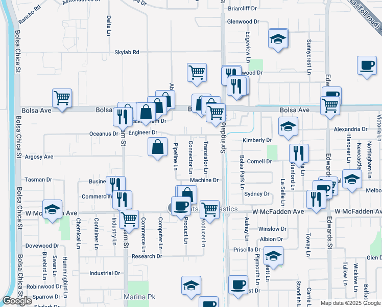 map of restaurants, bars, coffee shops, grocery stores, and more near 15221 Connector Lane in Huntington Beach