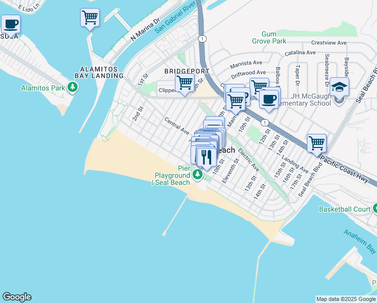 map of restaurants, bars, coffee shops, grocery stores, and more near 114 7th Street in Seal Beach