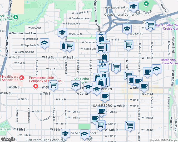 map of restaurants, bars, coffee shops, grocery stores, and more near 315 South Cabrillo Avenue in Los Angeles