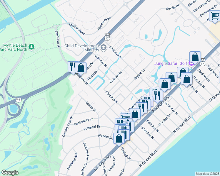 map of restaurants, bars, coffee shops, grocery stores, and more near 6301 Timberline Street in Myrtle Beach