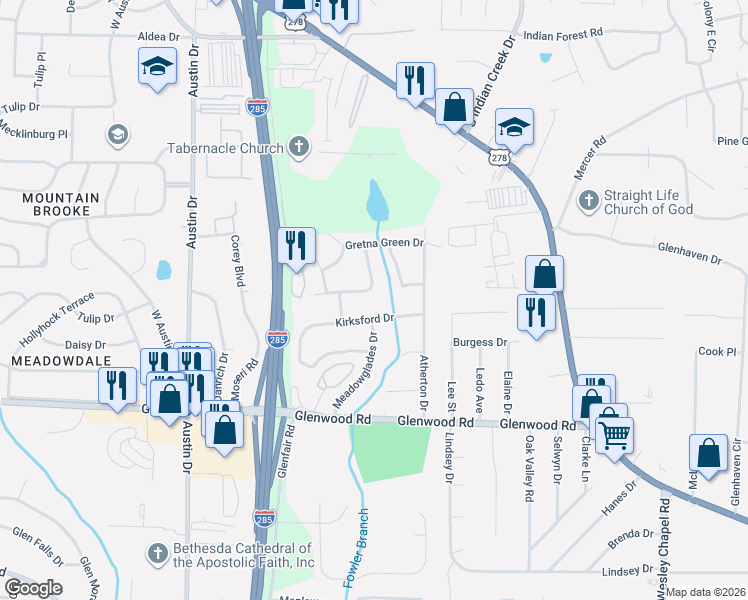 map of restaurants, bars, coffee shops, grocery stores, and more near 3992 Kirksford Drive in Decatur