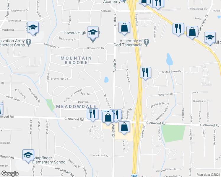 map of restaurants, bars, coffee shops, grocery stores, and more near 1730 Austin Drive in Decatur