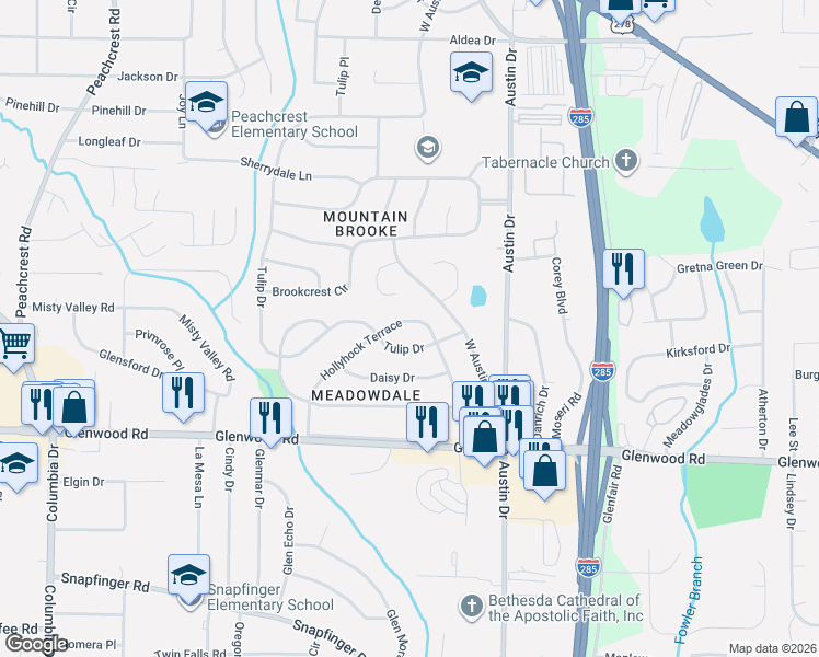 map of restaurants, bars, coffee shops, grocery stores, and more near 1684 Hollyhock Terrace in Decatur