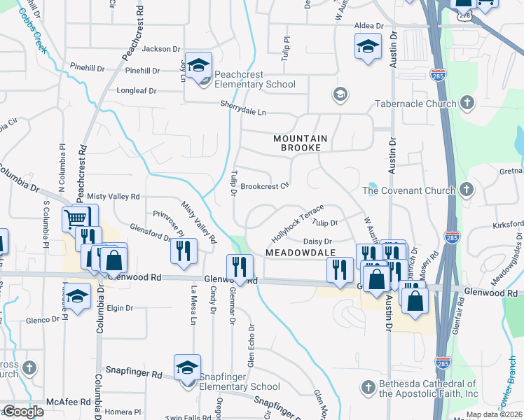 map of restaurants, bars, coffee shops, grocery stores, and more near 3490 Larkspur Terrace in Decatur