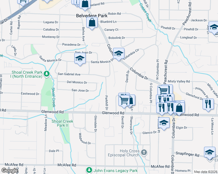map of restaurants, bars, coffee shops, grocery stores, and more near 1720 Parkhill Drive in Decatur
