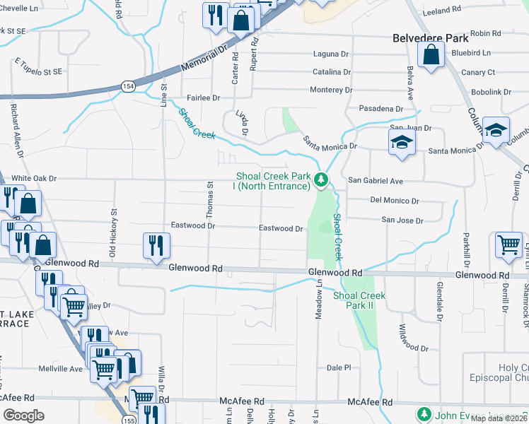 map of restaurants, bars, coffee shops, grocery stores, and more near 2822 Eastwood Drive in Decatur